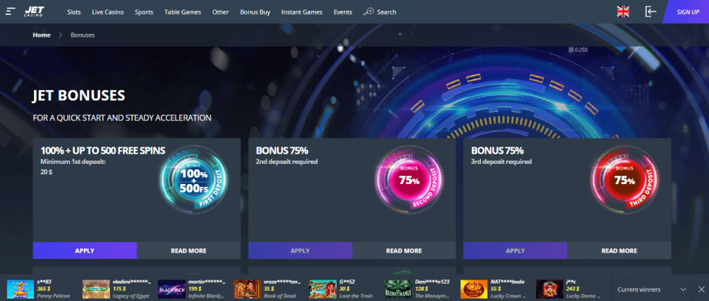 Jet Casino Bonus Screenshot